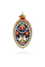 Two Roosters Folk Patterned Glass Egg Ornament