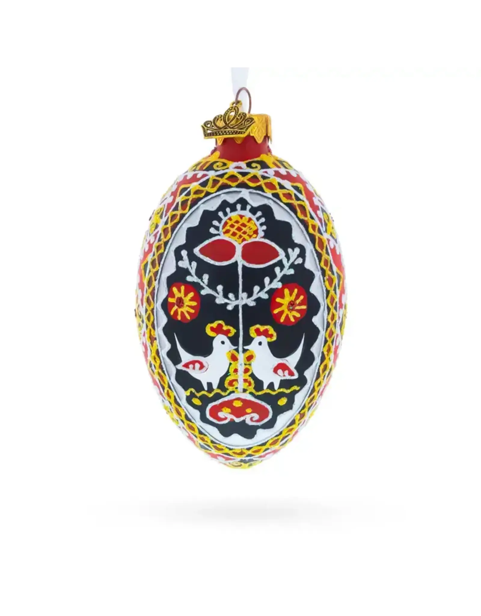 Two Roosters Folk Patterned Glass Egg Ornament