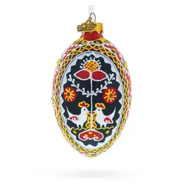 Two Roosters Folk Patterned Glass Egg Ornament