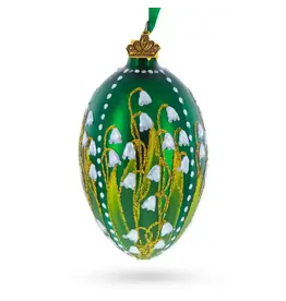 Lily of the Valley on Emerald Fabergé Style Glass Egg Ornament