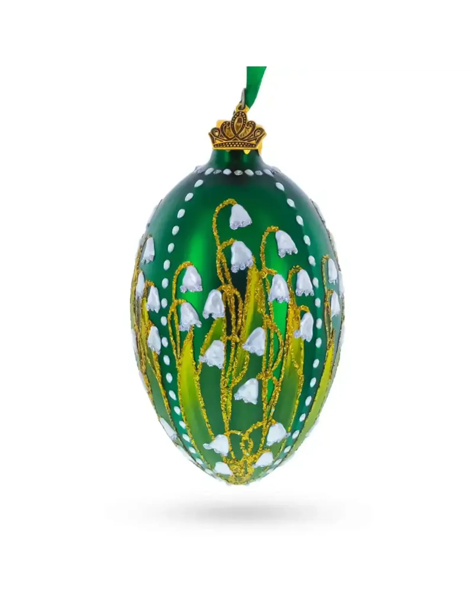 Lily of the Valley on Emerald Fabergé Style Glass Egg Ornament