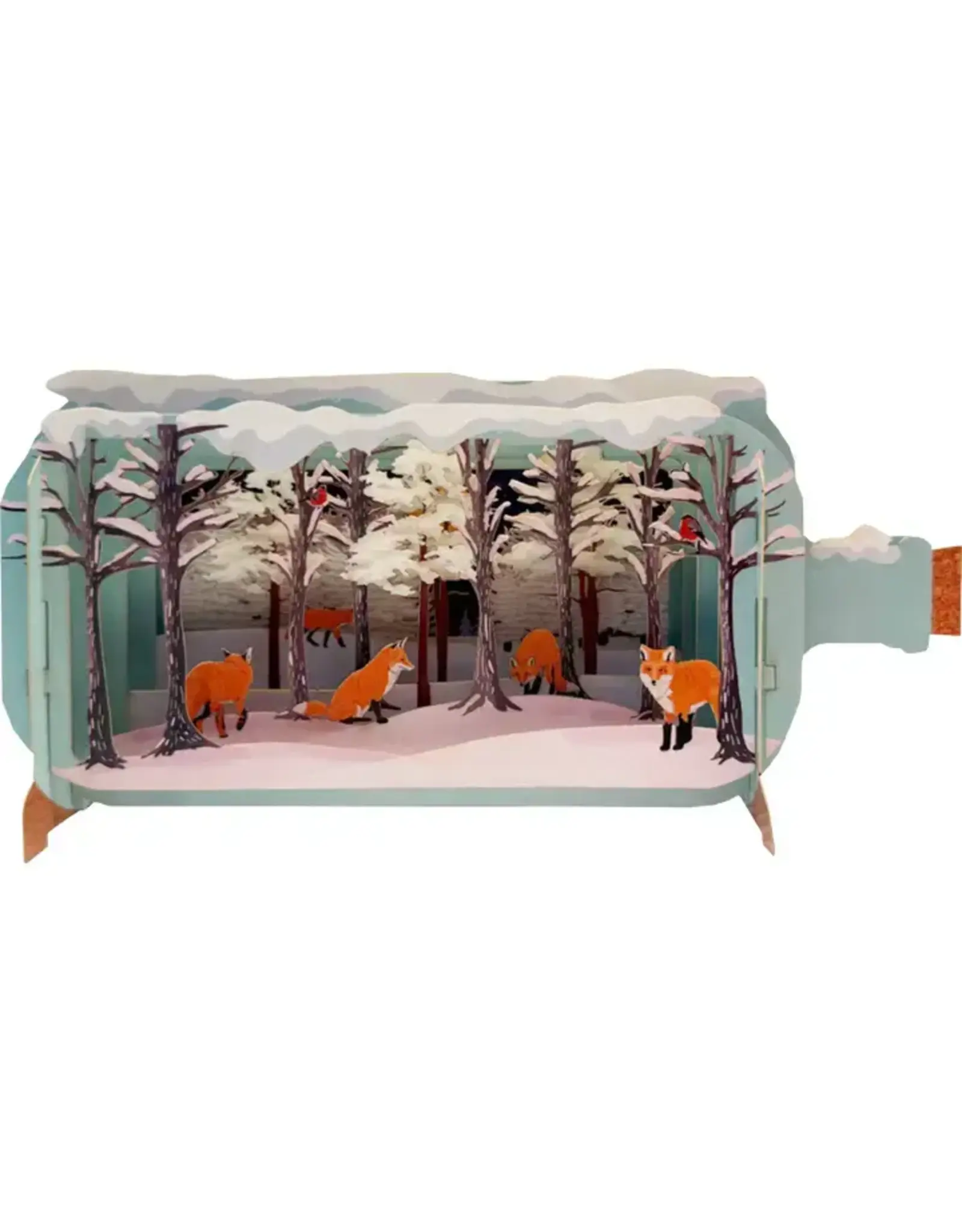 Foxes in Snow Message in a Bottle Holiday Pop-Up Card