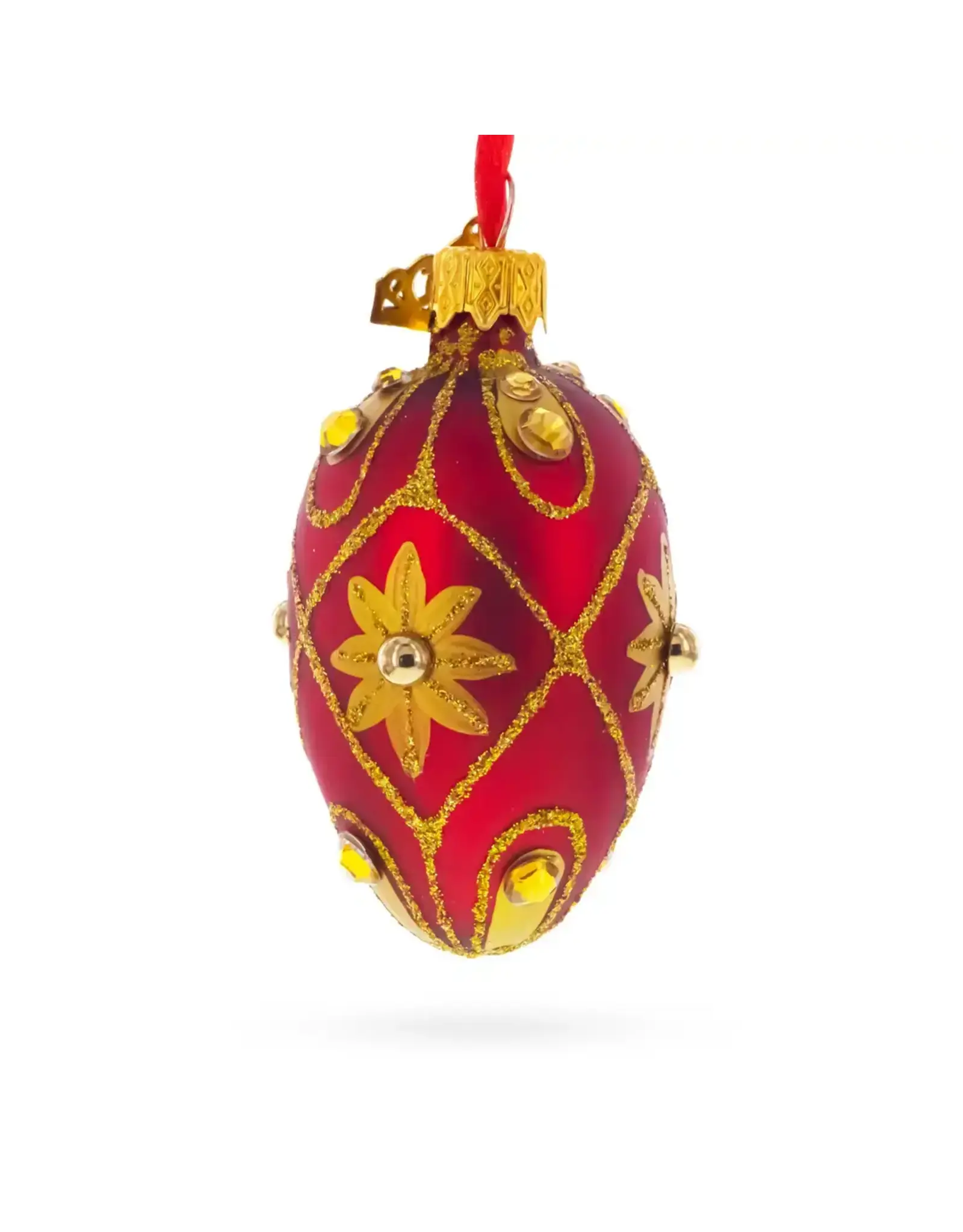 Jeweled Red and Gilded Floral Mini Glass Egg Ornament