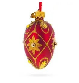 Jeweled Red and Gilded Floral Mini Glass Egg Ornament