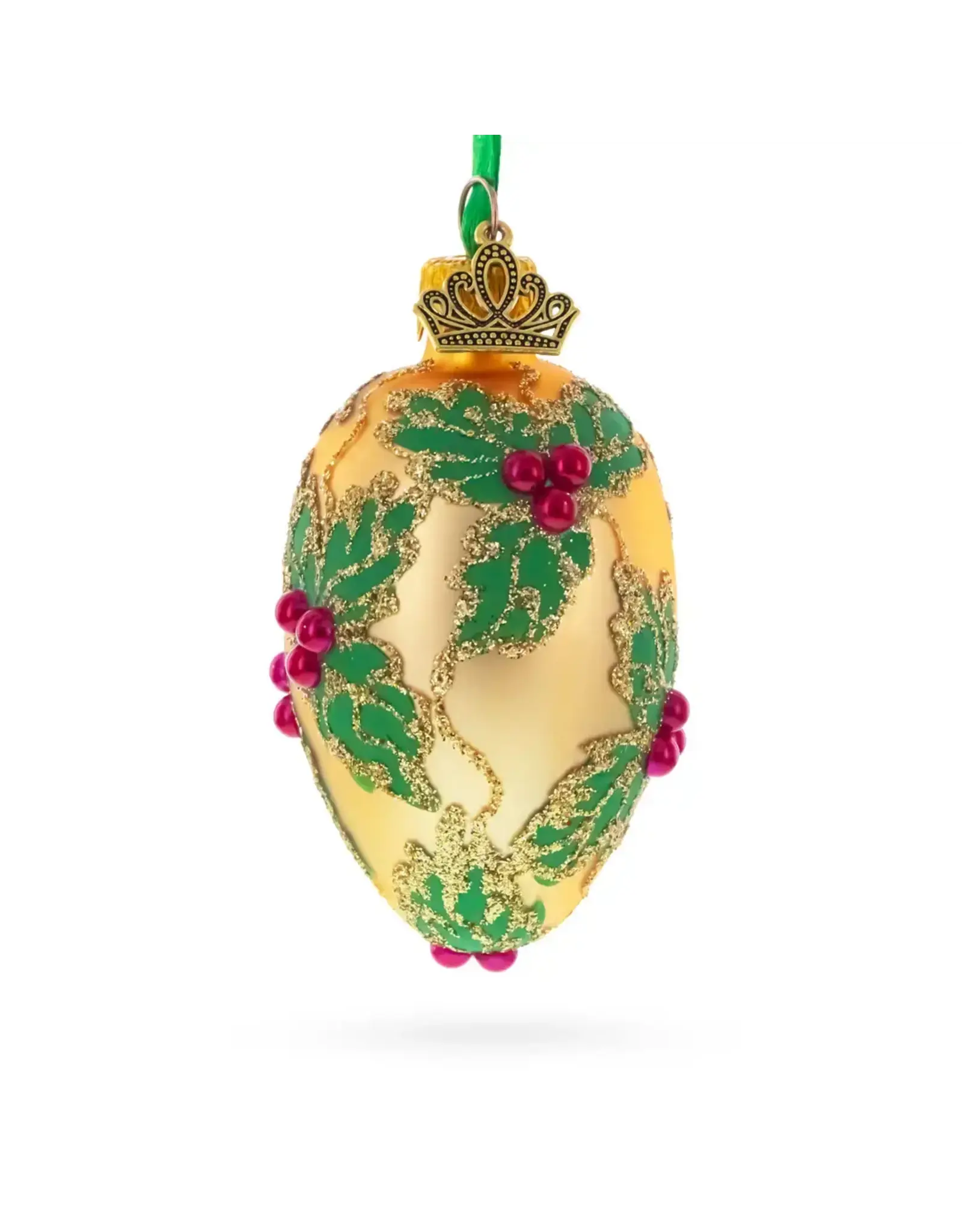 Gold with Holly Leaf Mini Glass Egg Ornament