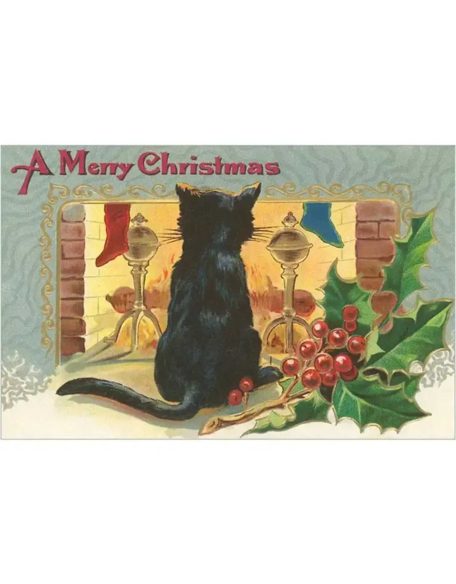Merry Christmas Cat by Fire Postcard