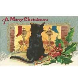 Merry Christmas Cat by Fire Postcard