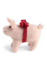Felted Wool Pig with Red Bow Ornament