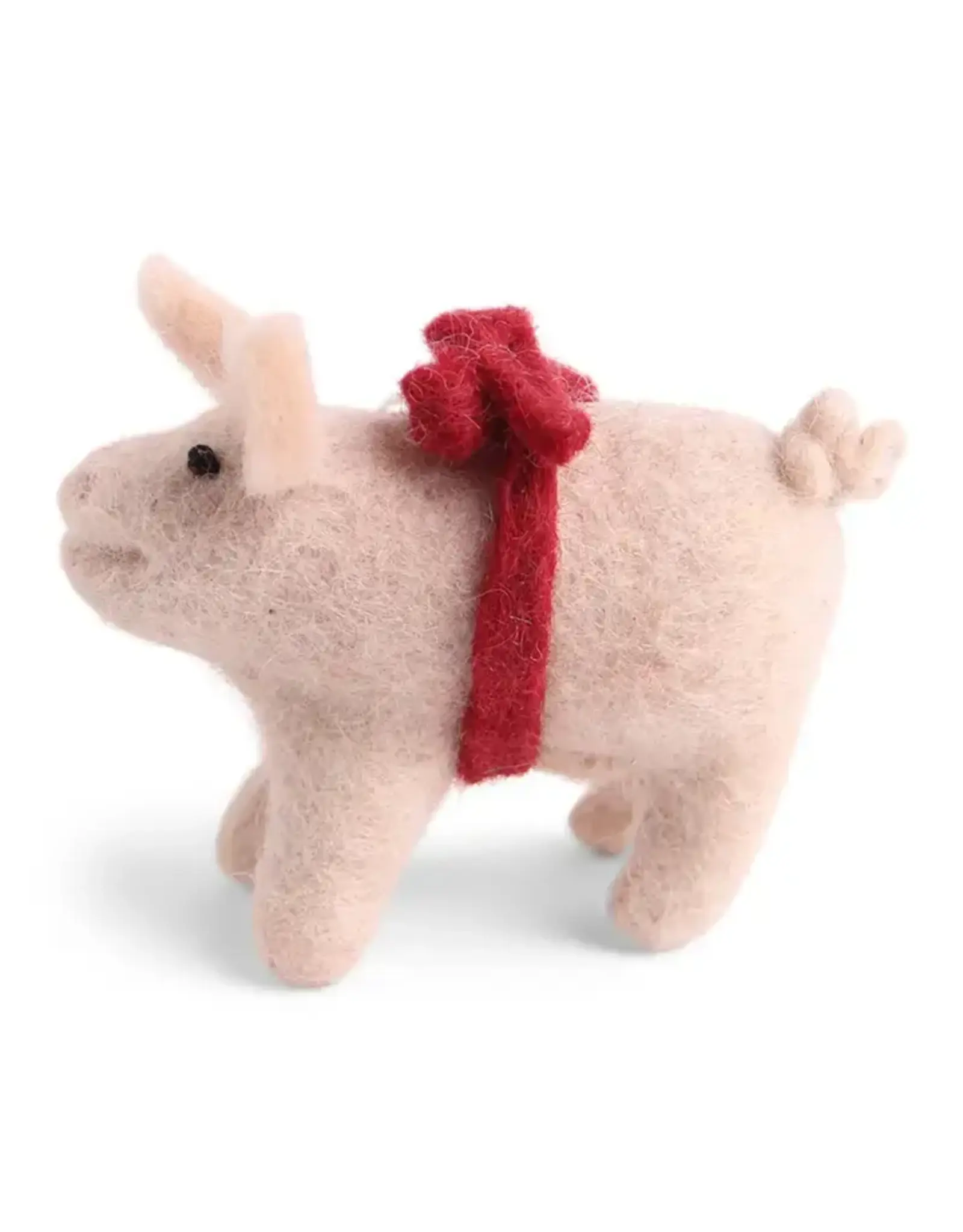 Felted Wool Pig with Red Bow Ornament