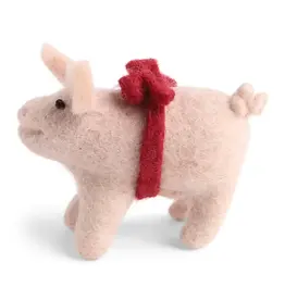 Felted Wool Pig with Red Bow Ornament