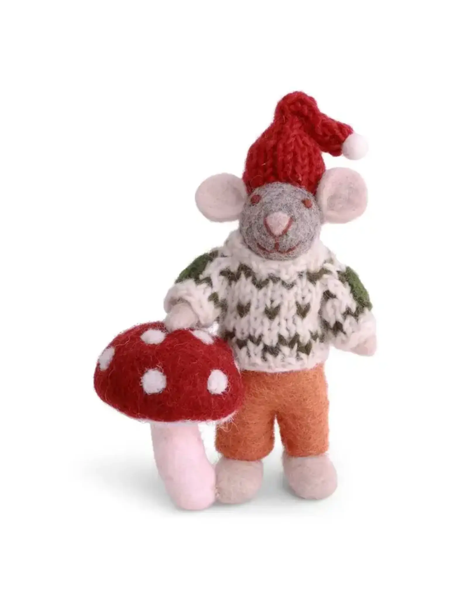 Felted Wool Mouse with Mushroom Ornament