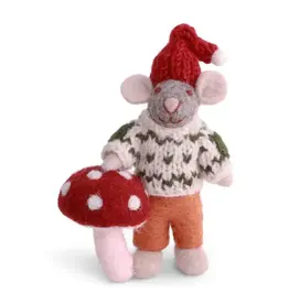 Felted Wool Mouse with Mushroom Ornament