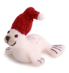 Felted Wool Seal with Red Hat Ornament