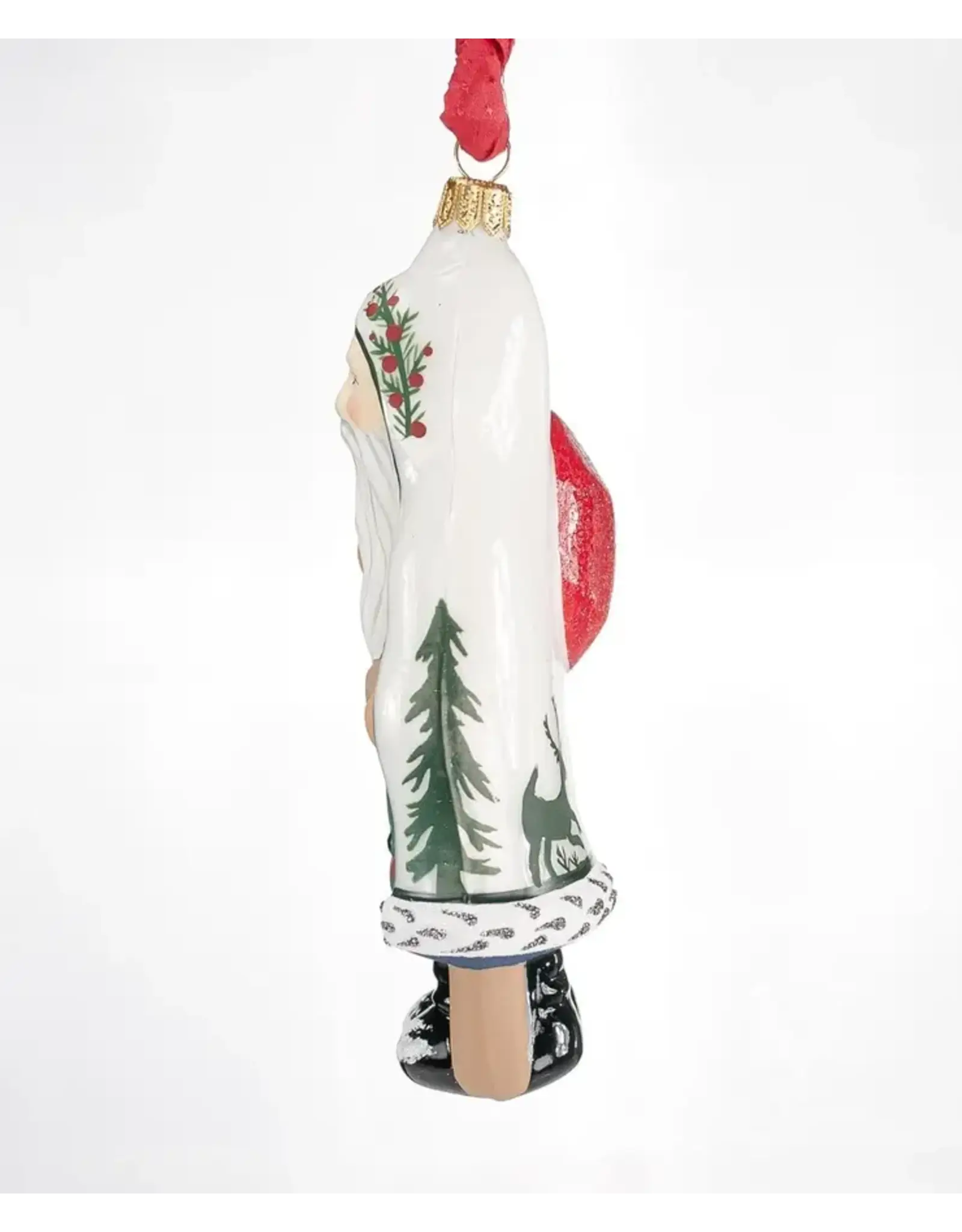 White Grandfather Frost with Trees Polish Glass Ornament