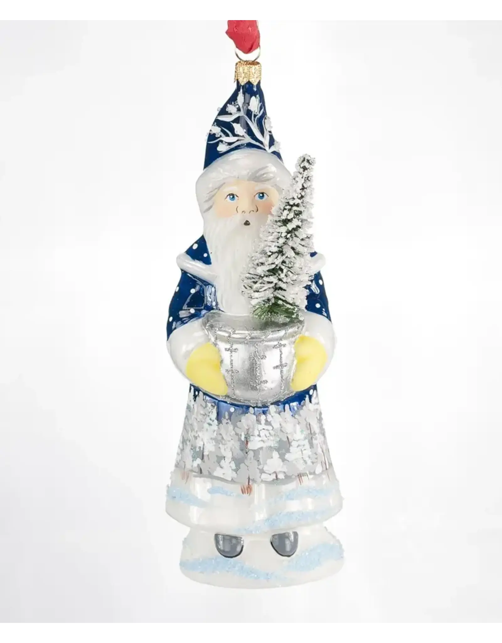 Blue Grandfather Frost w Silver Bowl Polish Glass Ornament
