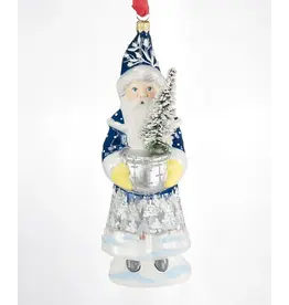 Blue Grandfather Frost w Silver Bowl Polish Glass Ornament