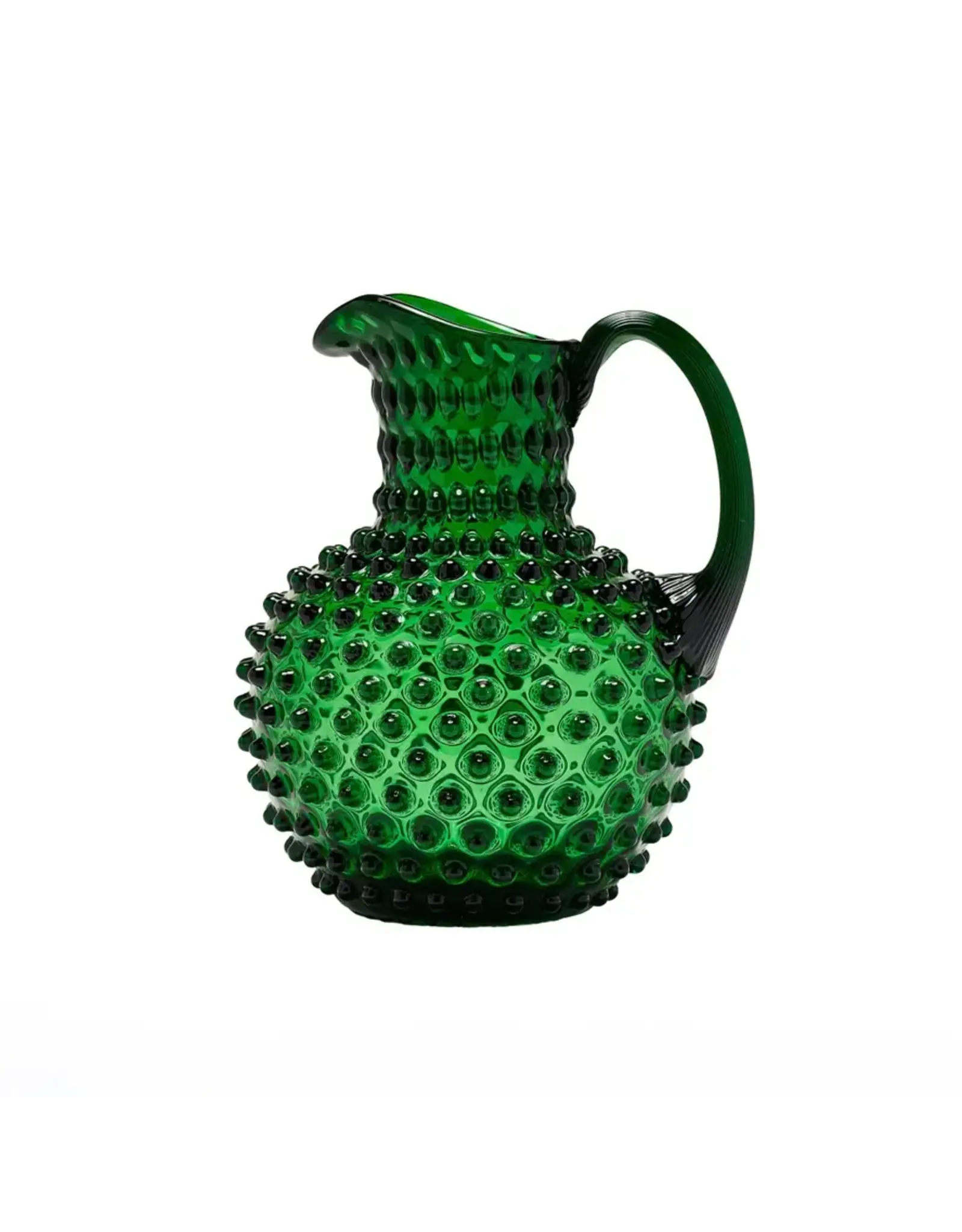 Bohemian Hand Blown Hobnail Green Glass Pitcher