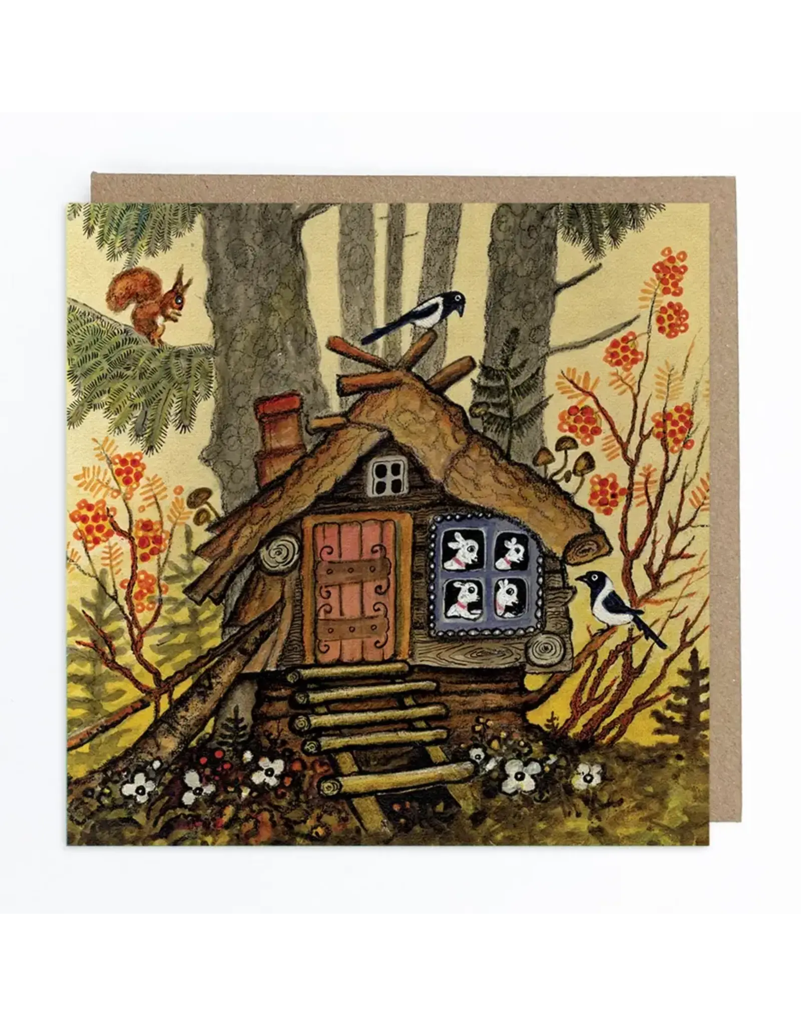 Goat Kids in a Forest Cabin Greeting Card