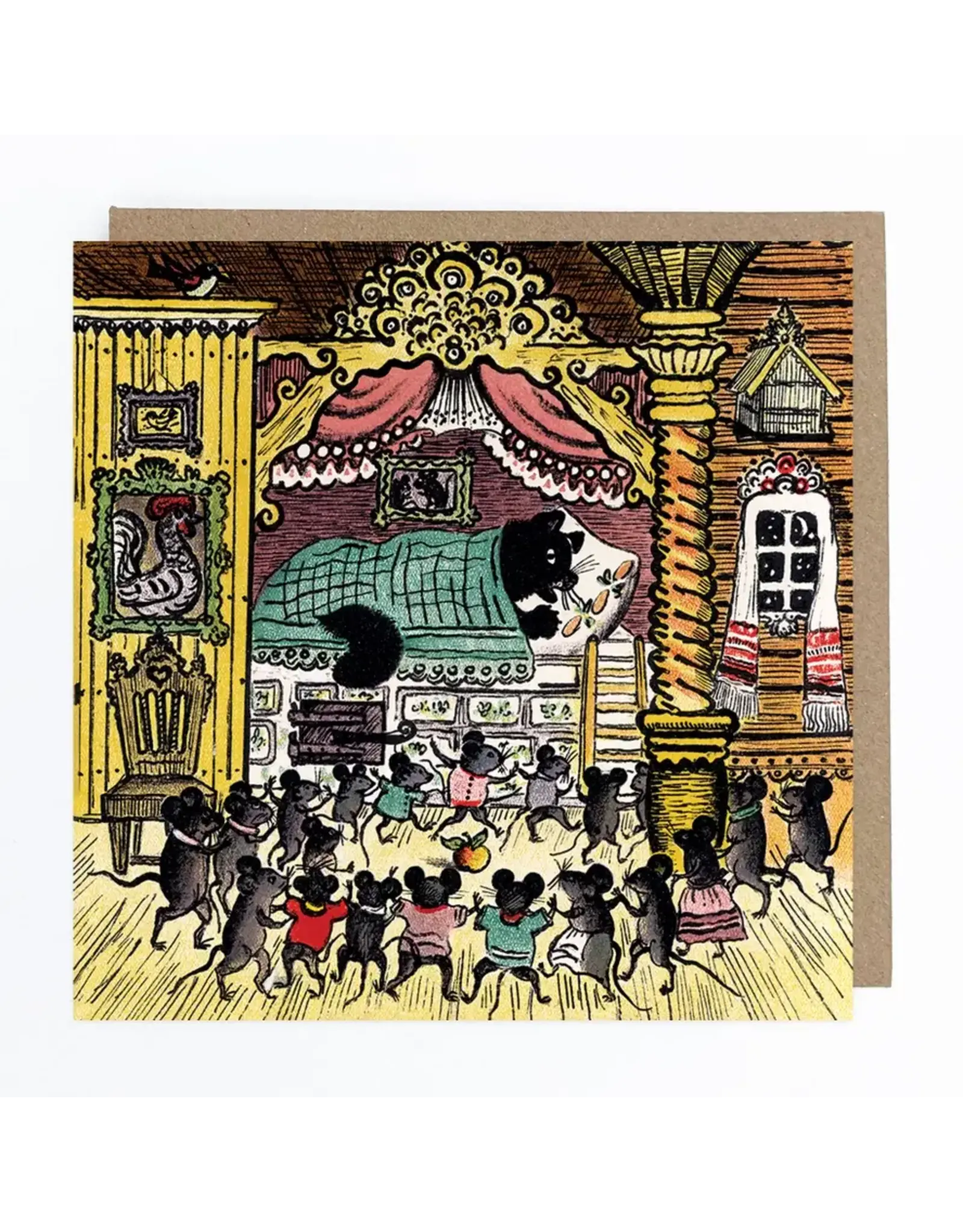 Cat Sleeping, Mice Dancing Blank Greeting Card