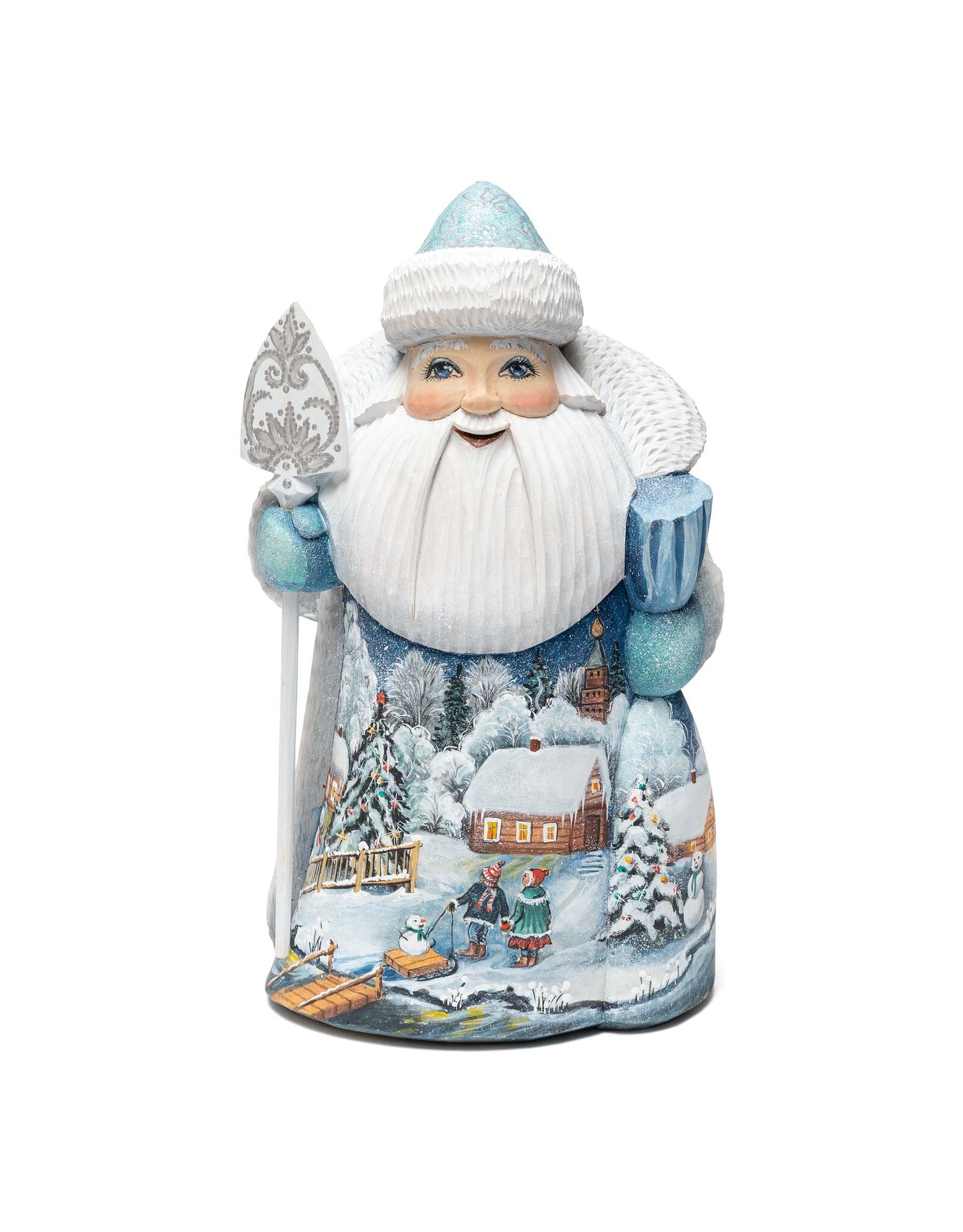Hand Carved Grandfather Frost with Winter Village Painting