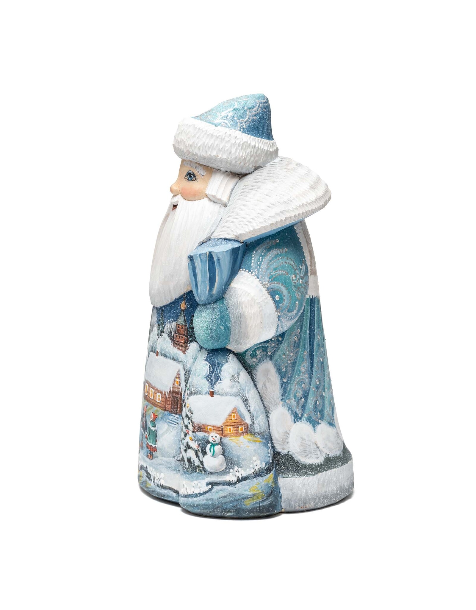 Hand Carved Grandfather Frost with Winter Village Painting