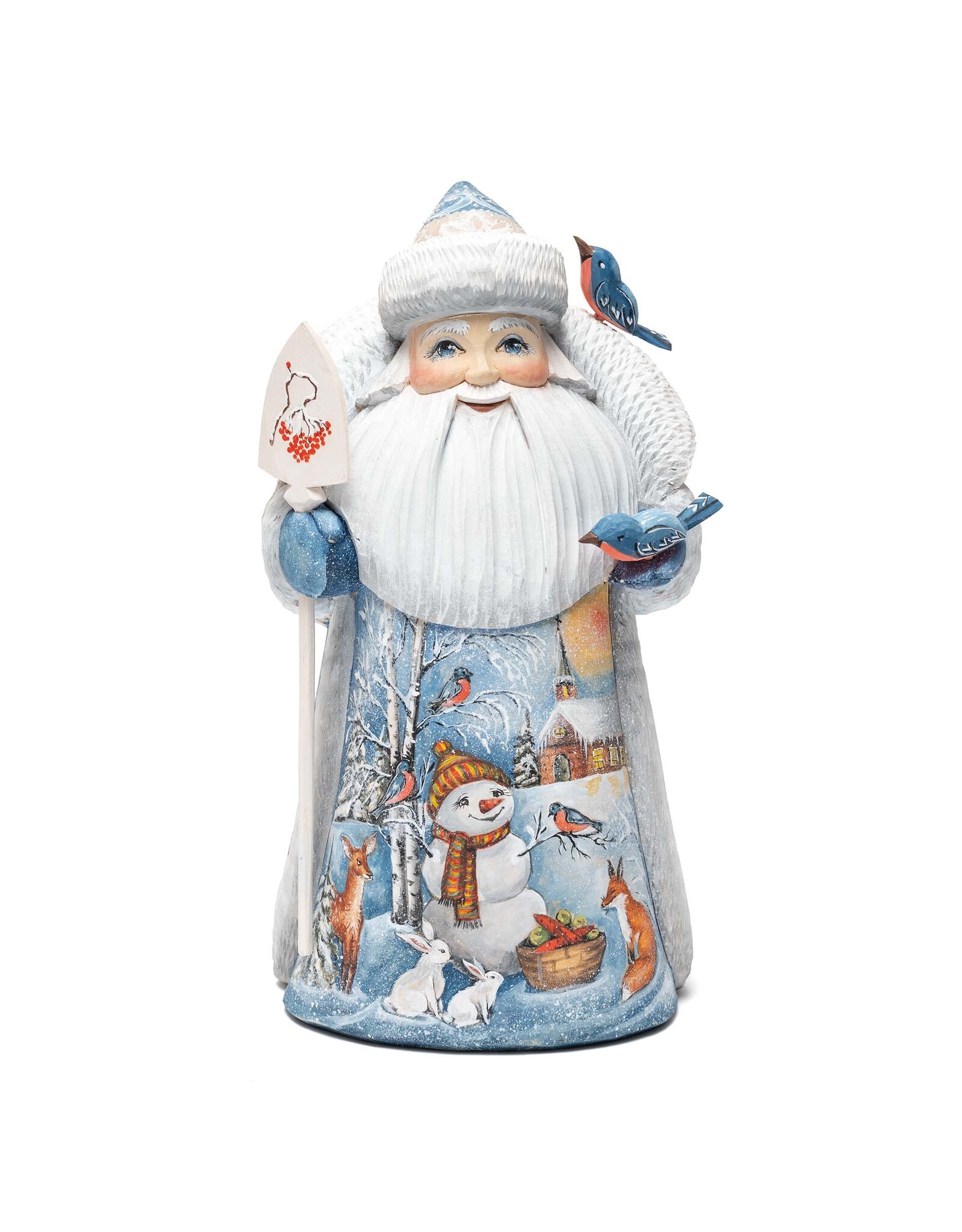 Hand Carved Grandfather Frost with Winter Painting and Birds