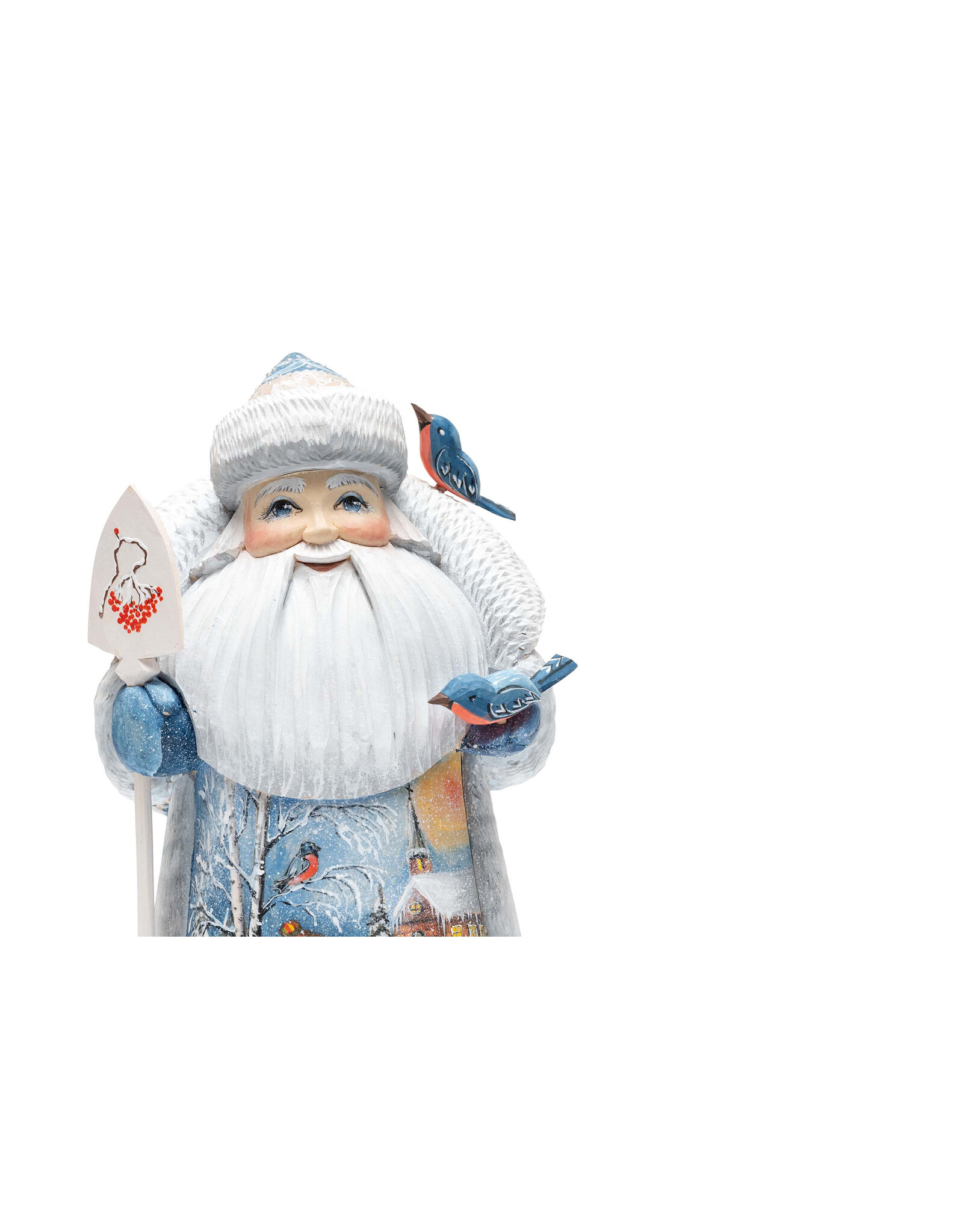 Hand Carved Grandfather Frost with Winter Painting and Birds