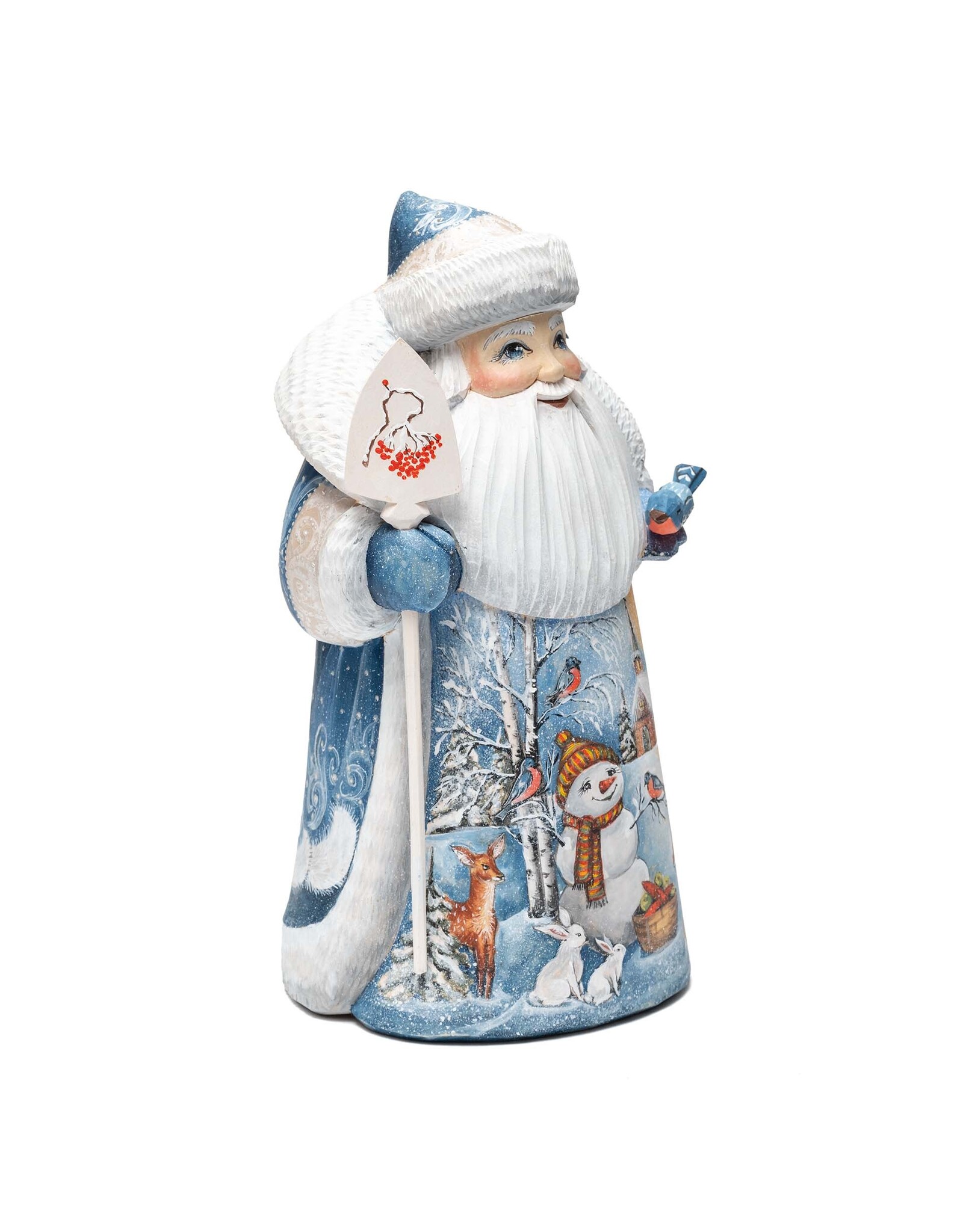Hand Carved Grandfather Frost with Winter Painting and Birds