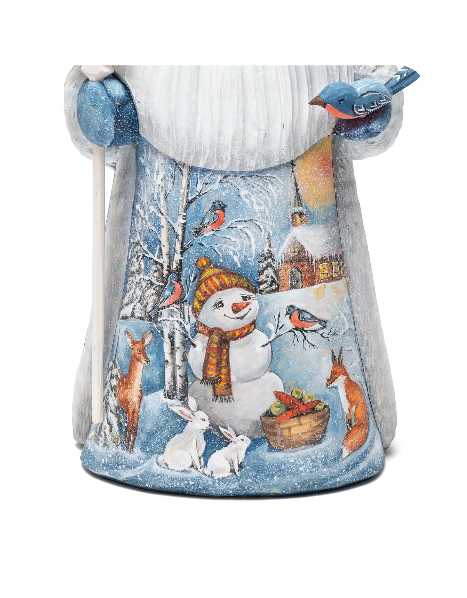 Hand Carved Grandfather Frost with Winter Painting and Birds