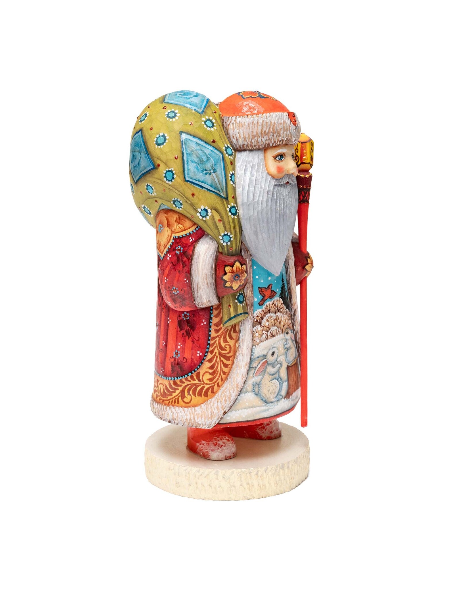 Hand Carved Grandfather Frost with Winter Rabbits Painting