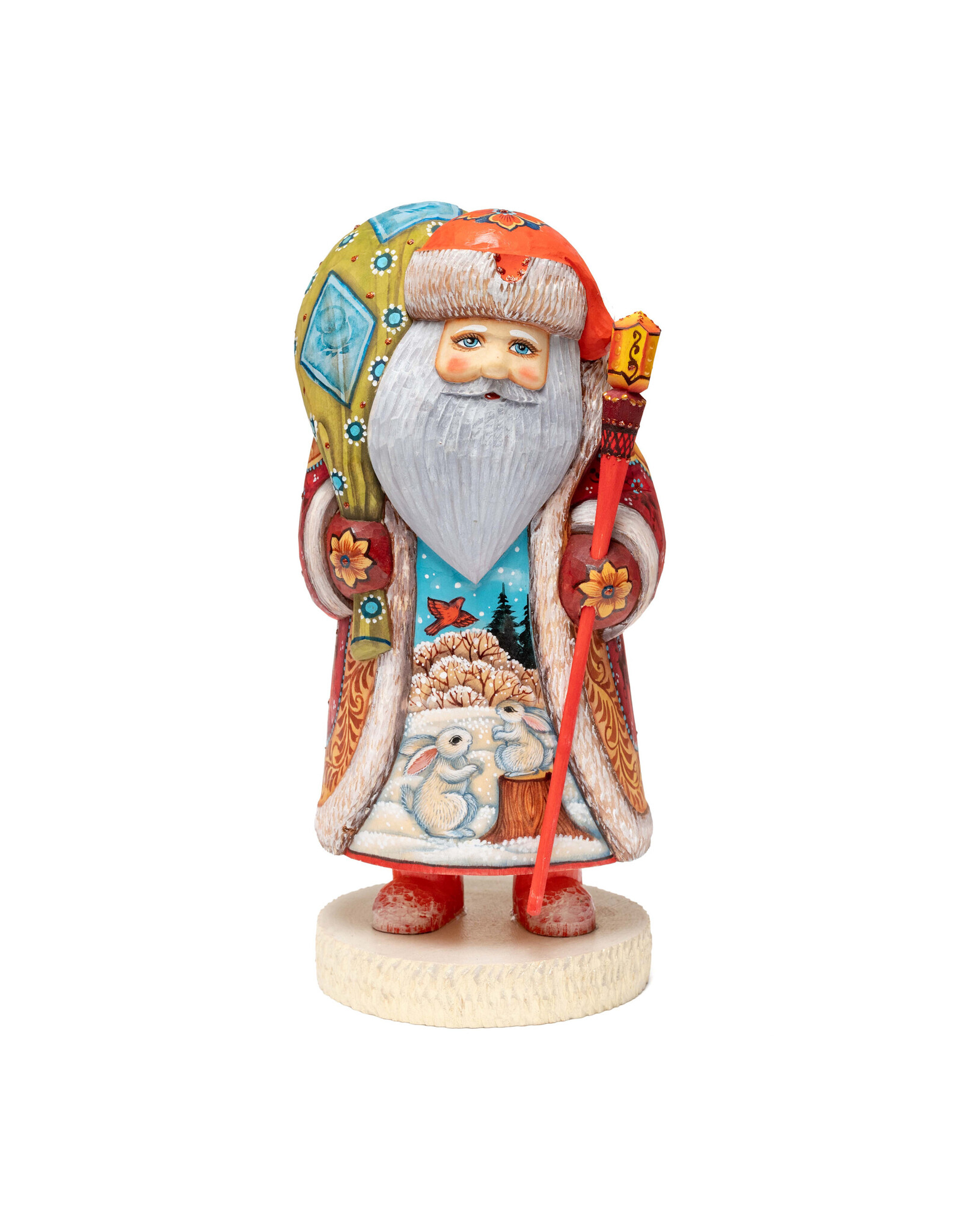 Hand Carved Grandfather Frost with Winter Rabbits Painting