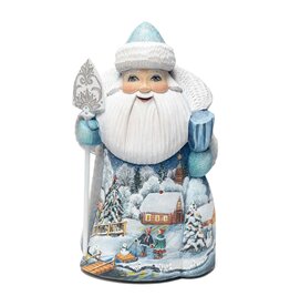 Hand Carved Blue Grandfather Frost with  Winter Cabin