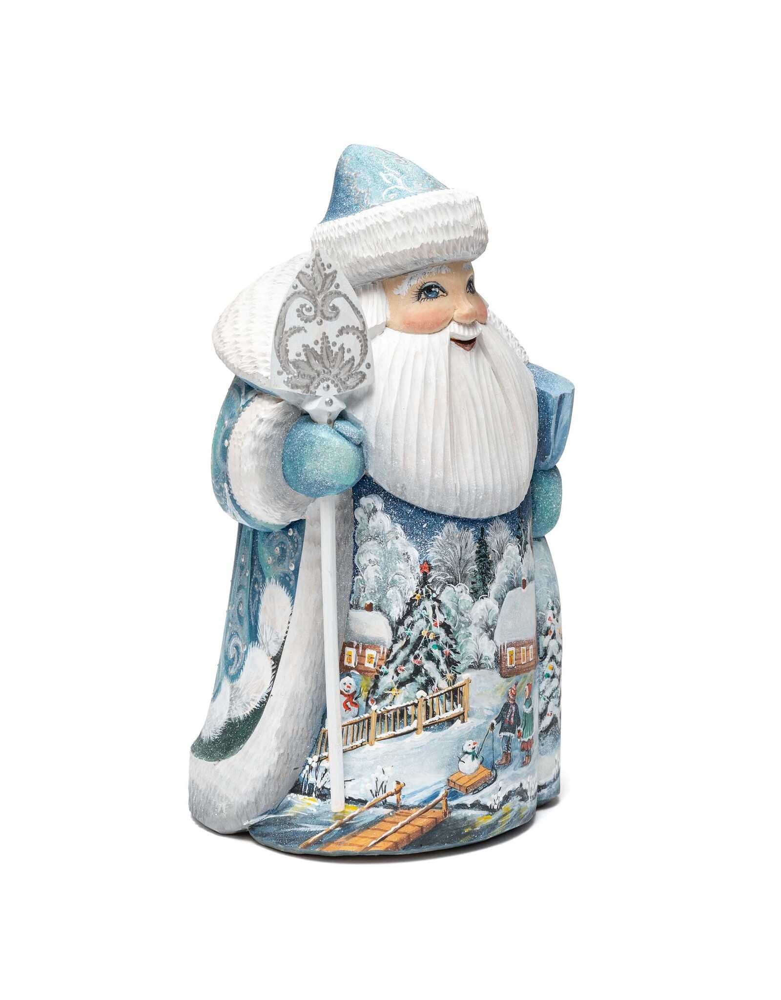 Hand Carved Blue Grandfather Frost with  Winter Cabin