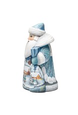 Hand Carved Blue Grandfather Frost with  Winter Cabin