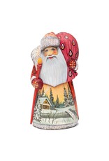 Hand Carved Red Grandfather Frost with Winter Cabin