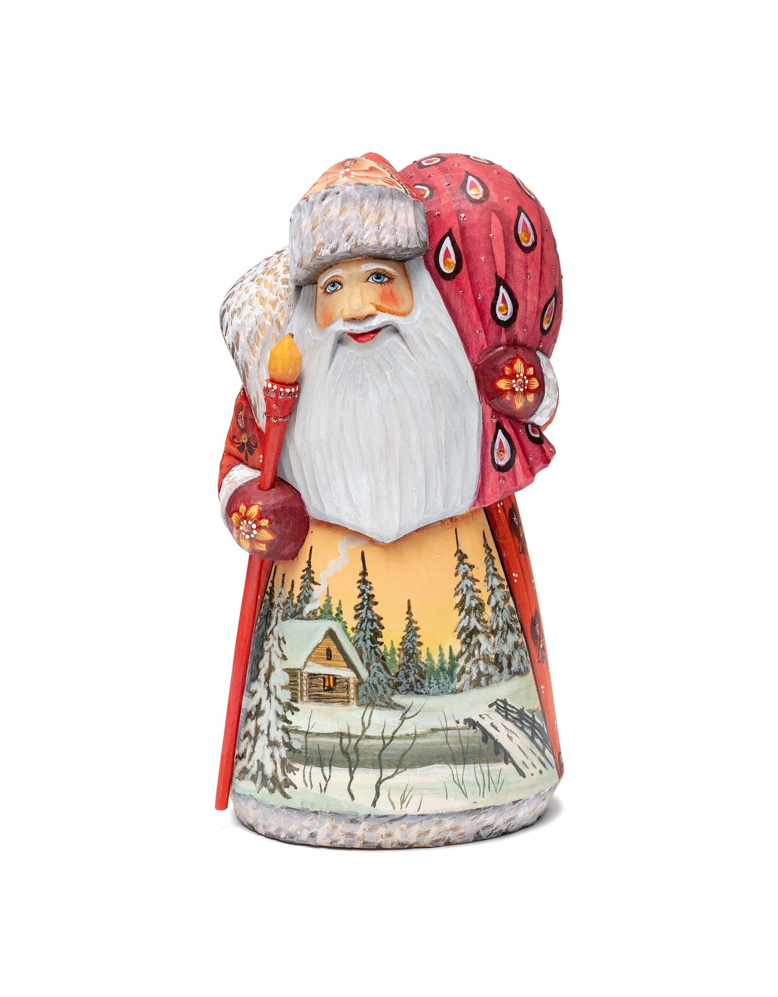 Hand Carved Red Grandfather Frost with Winter Cabin