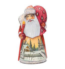 Hand Carved Red Grandfather Frost with Winter Cabin