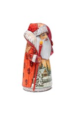 Hand Carved Red Grandfather Frost with Winter Cabin