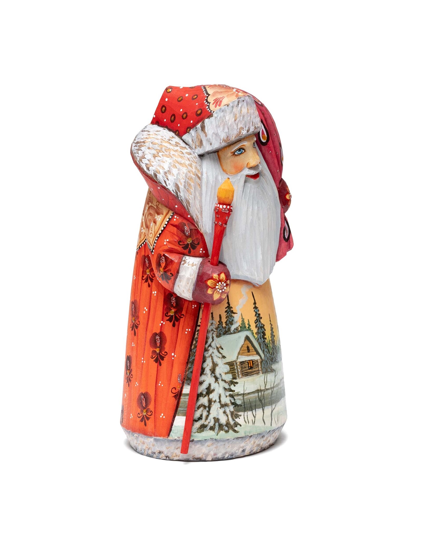 Hand Carved Red Grandfather Frost with Winter Cabin