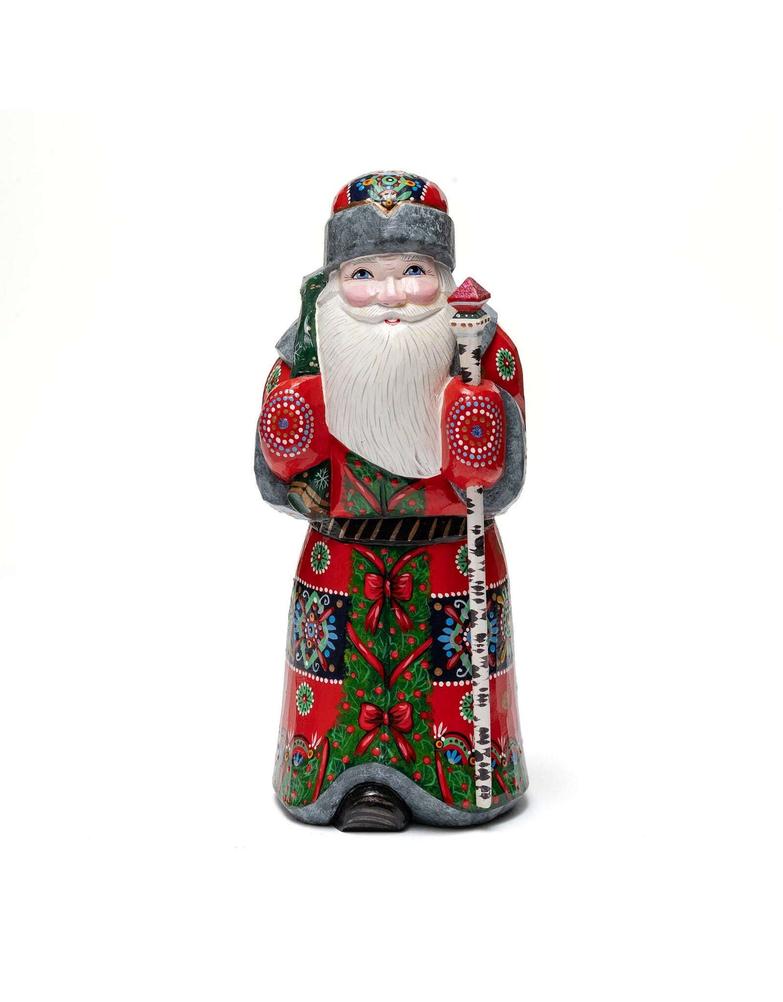 Hand Carved Grandfather Frost with Red Coat & Birch Staff