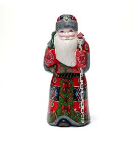 Hand Carved Grandfather Frost with Red Coat & Birch Staff