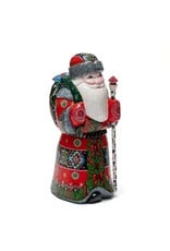 Hand Carved Grandfather Frost with Red Coat & Birch Staff