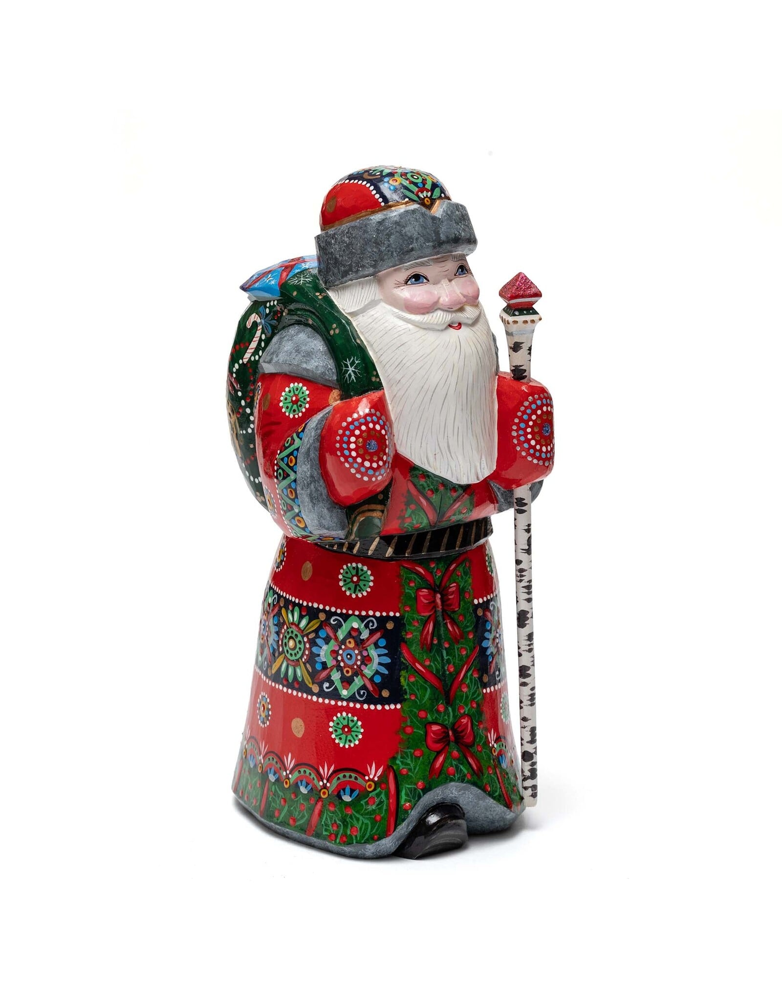 Hand Carved Grandfather Frost with Red Coat & Birch Staff