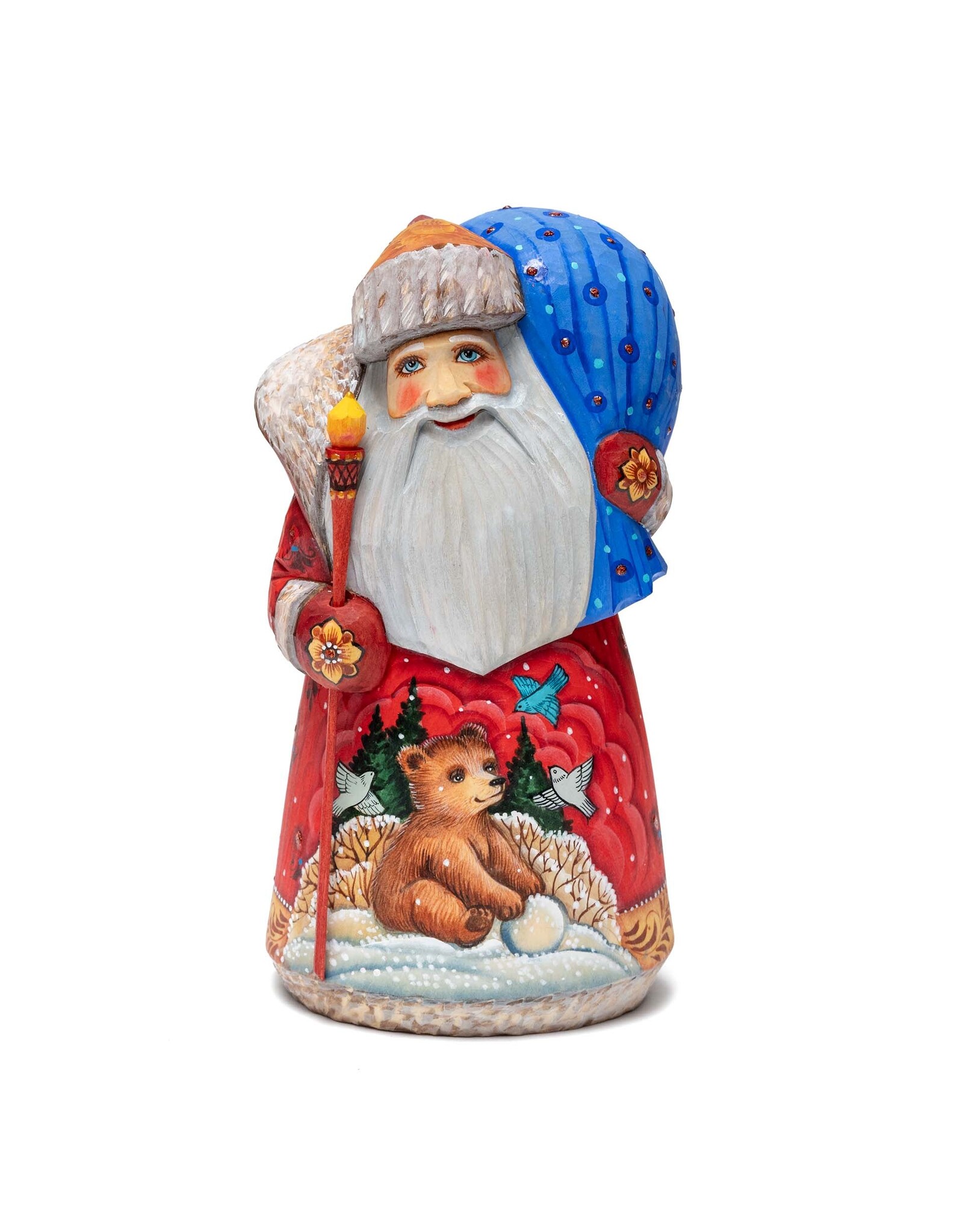 Hand Carved Grandfather Frost with Bear and Birds