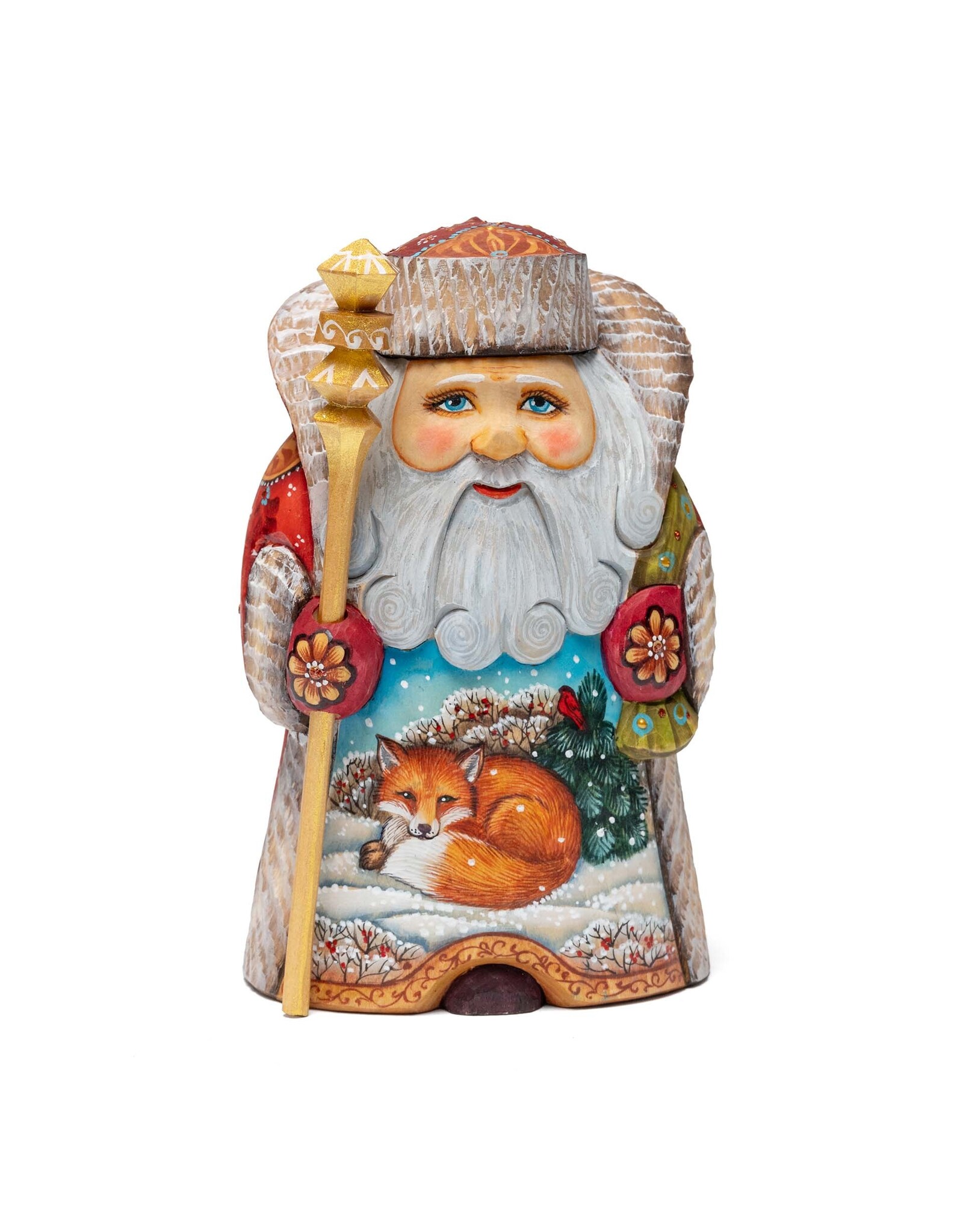 Hand Carved Grandfather Frost with Fox and Bullfinch
