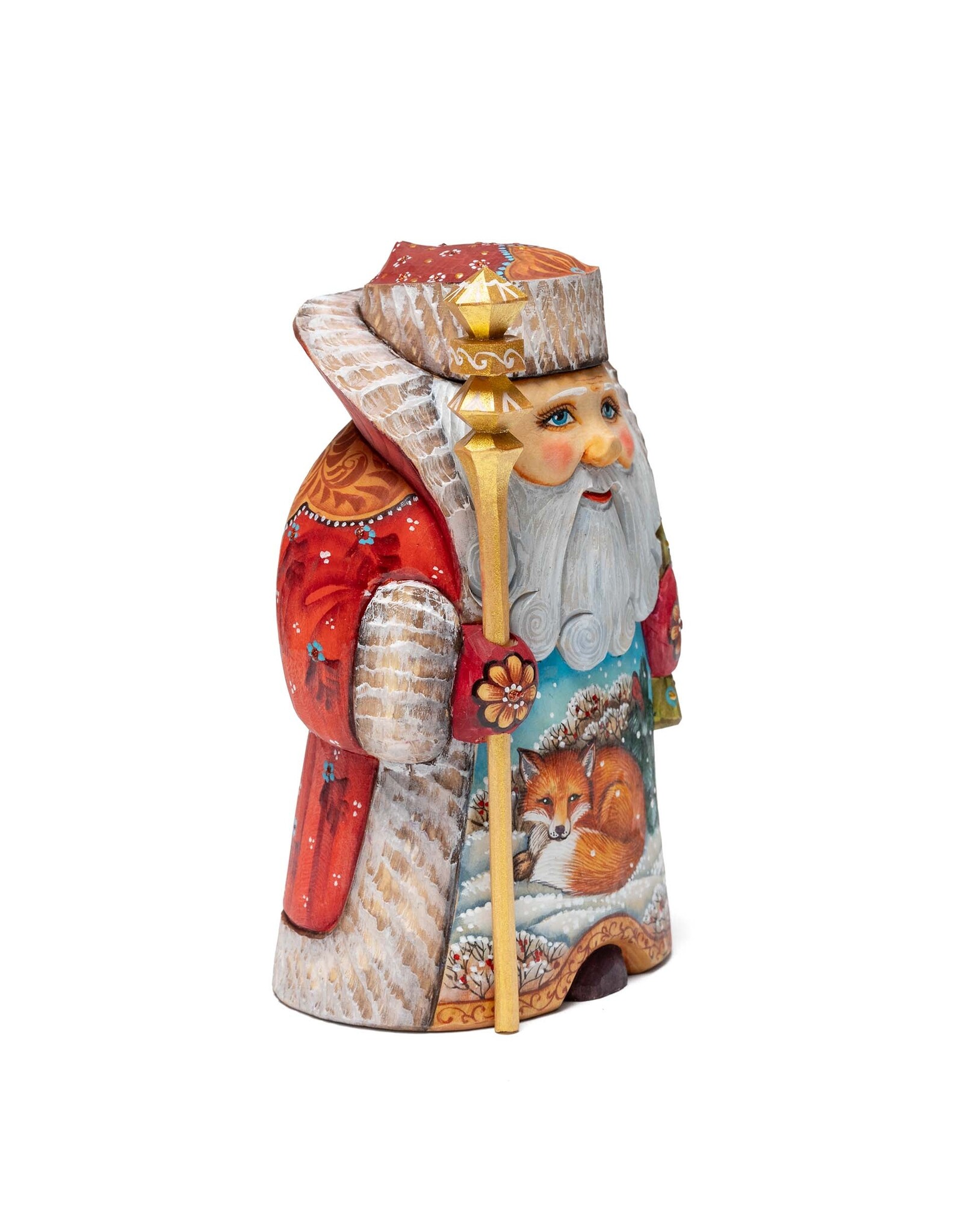 Hand Carved Grandfather Frost with Fox and Bullfinch