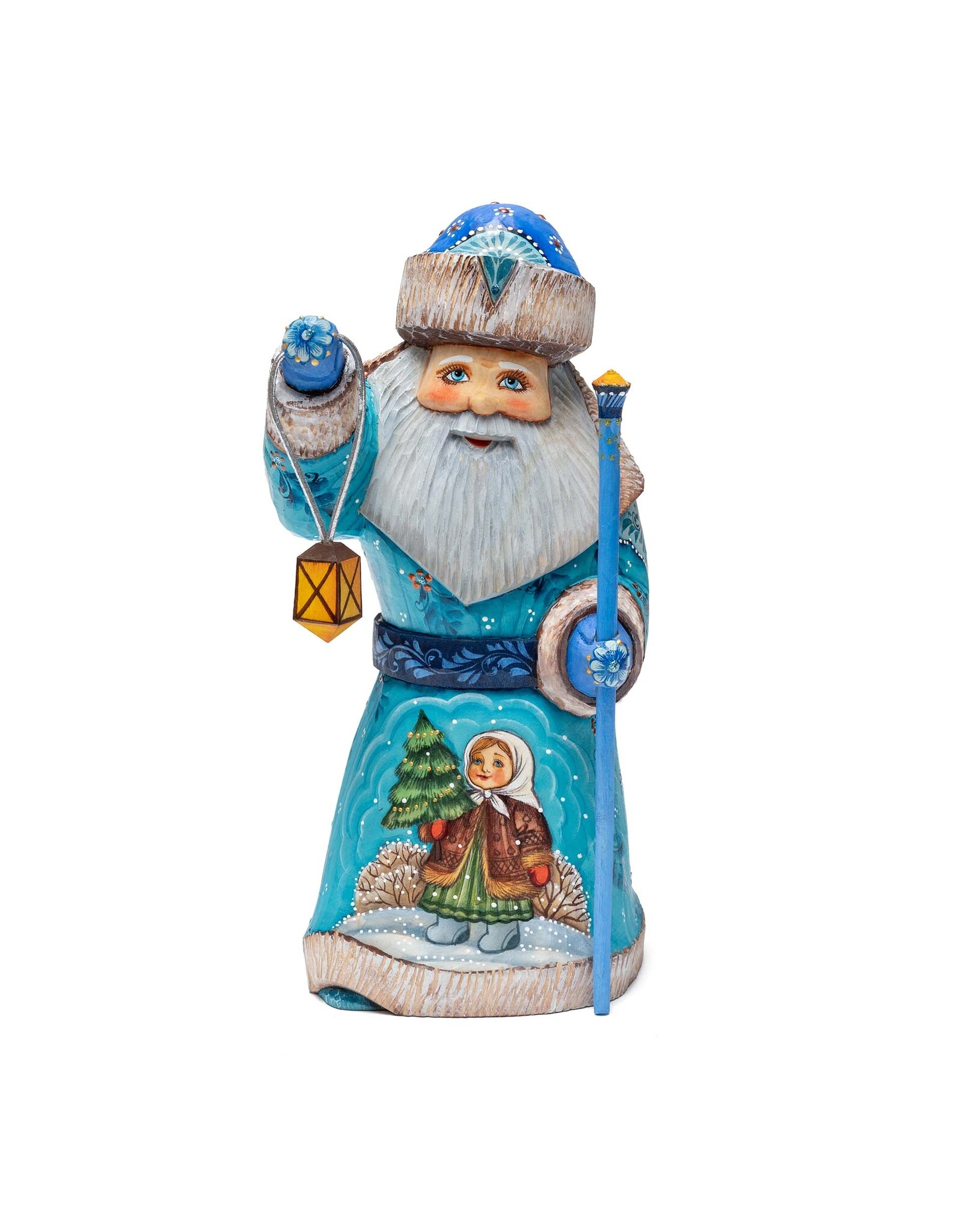 Hand Carved Blue Grandfather Frost with Lantern