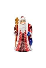 Hand Carved Grandfather Frost with Red Coat and Blue Sack