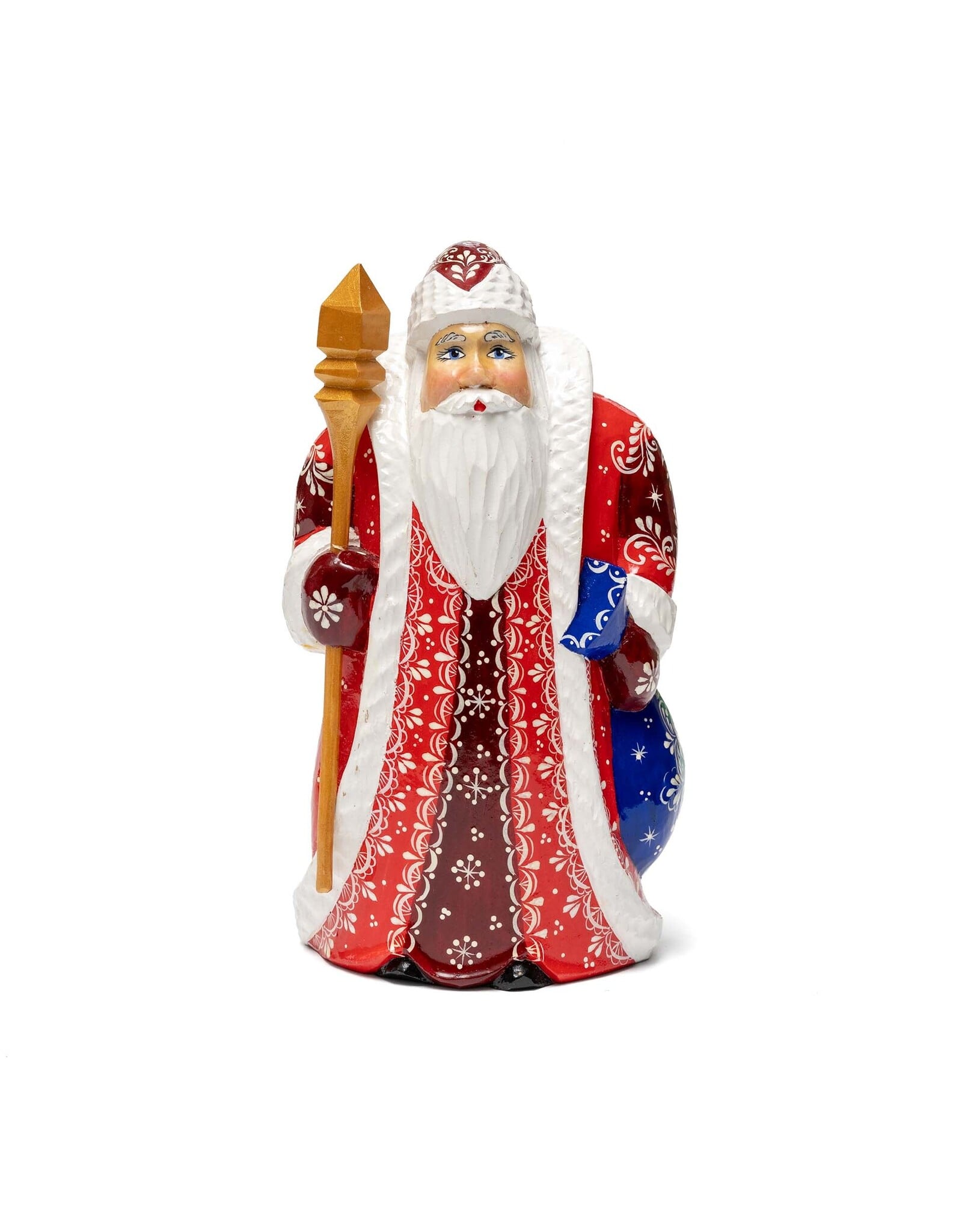 Hand Carved Grandfather Frost with Red Coat and Blue Sack