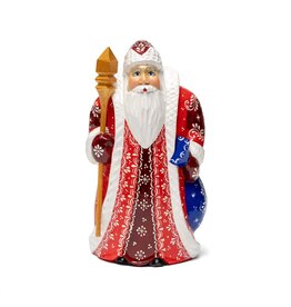 Hand Carved Grandfather Frost with Red Coat and Blue Sack
